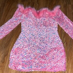 SHEIN Pink Sequin Dress with Faux Fur Accent